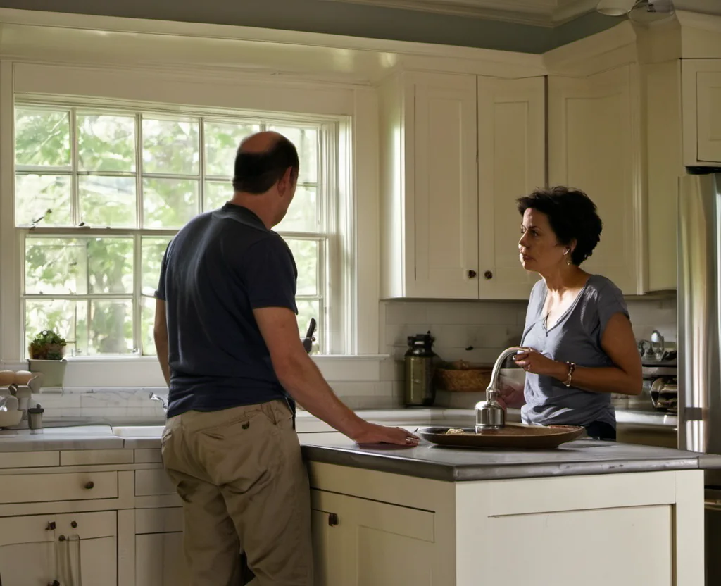 AI-generated scene of a plumber discussing a kitchen sink with a homeowner in a bright modern home